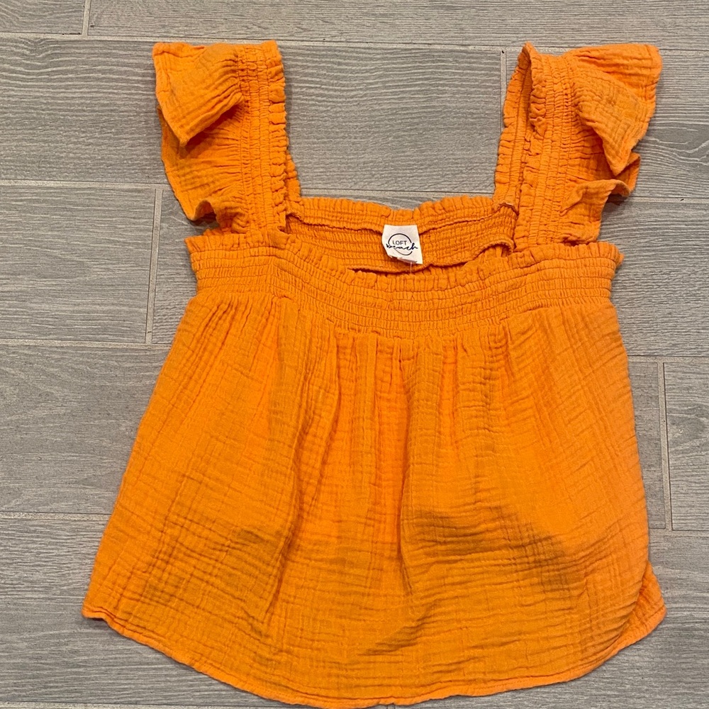 Loft Beach Orange Ruffle Sleeve Top Women’s Sz Large NWT
